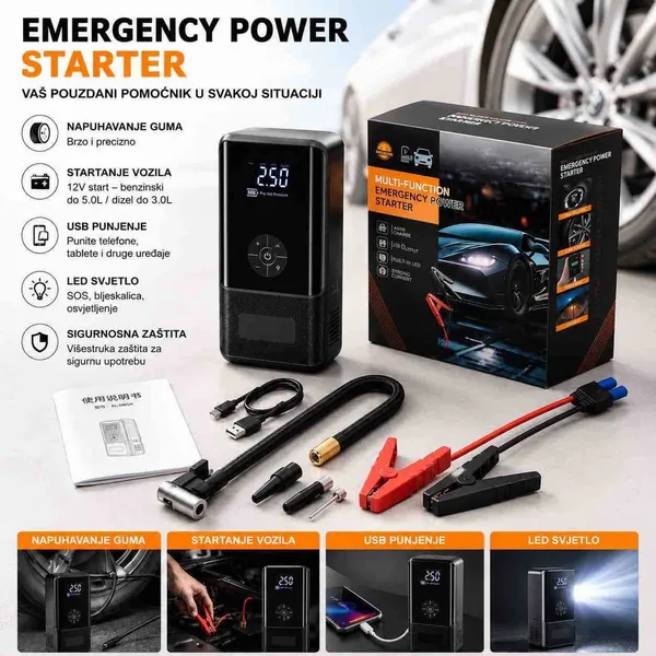 Starter za auto s pumpom za gume i powerbankom, GL963