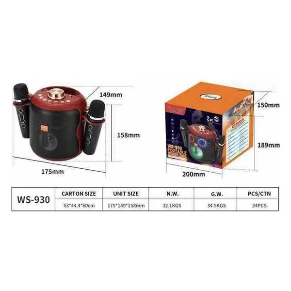 Karaoke zvučnik s 2 bežična mikrofona, WS-930 (slika 3)
