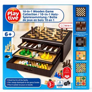 Kutija Playtive 10-in-1 s popisom igara: šah, dama, tavla, iks-oks, utrka s kockicama, mankala, solitaire, kineska dama, zmije i ljestve, ludo