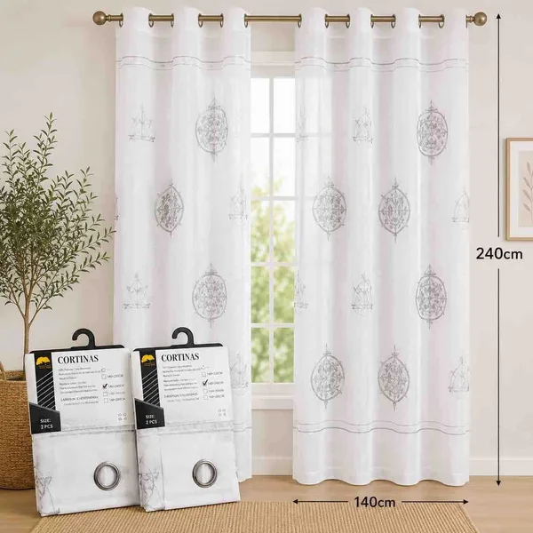 Bijela zavjesa od voala 140×240 cm — sivi medaljoni