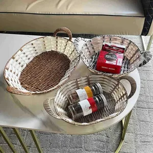 Pletena korpa za hljeb i voće 31×24×12 cm — Ovalna, Smeđe-bijela (slika 4)