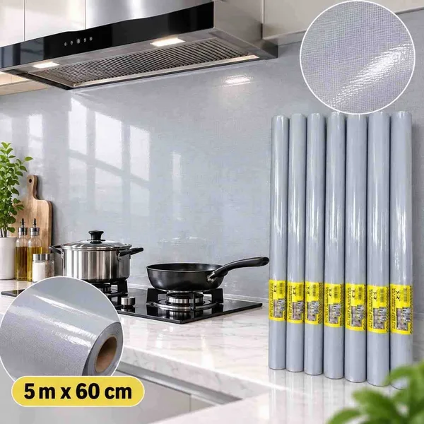 Samoljepljiva folija za kuhinju otporna na masnoću, 60 cm × 5 m — siva tekstura