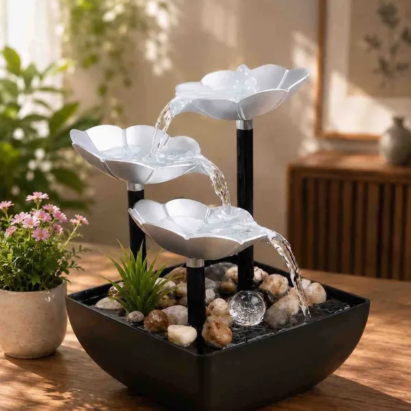 Stona fontana s LED svjetlom — srebrni listovi lotosa