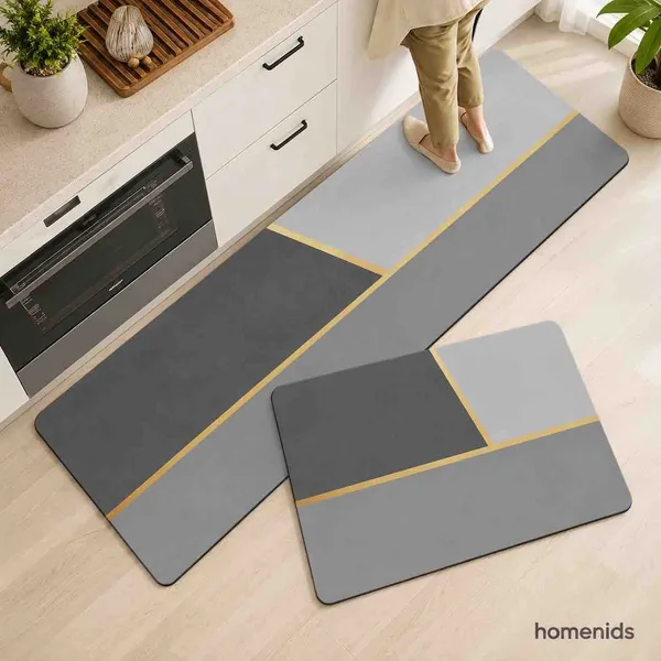 Set prostirki za kuhinju 40×60 i 40×120 cm — sivi blokovi sa zlatnim linijama