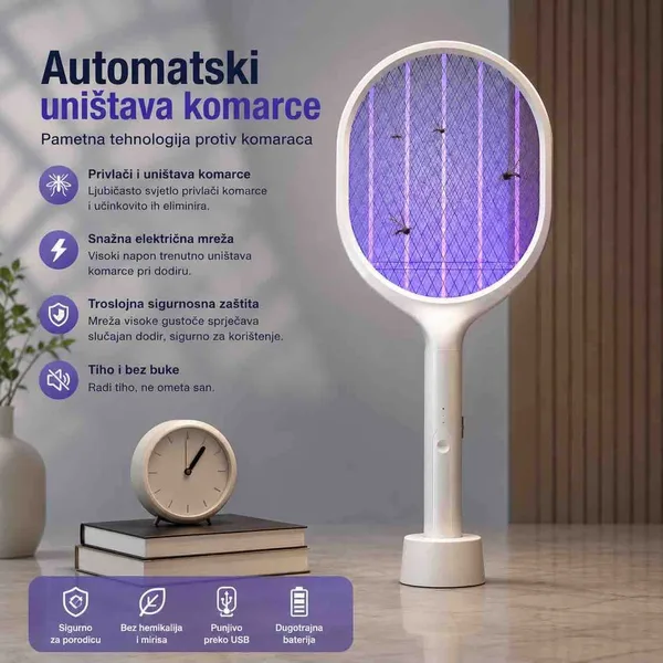 Električni reket za komarce s postoljem i UV lampom