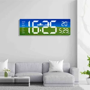 Digitalni LED zidni sat sa slikom, datumom i temperaturom — zelena livada