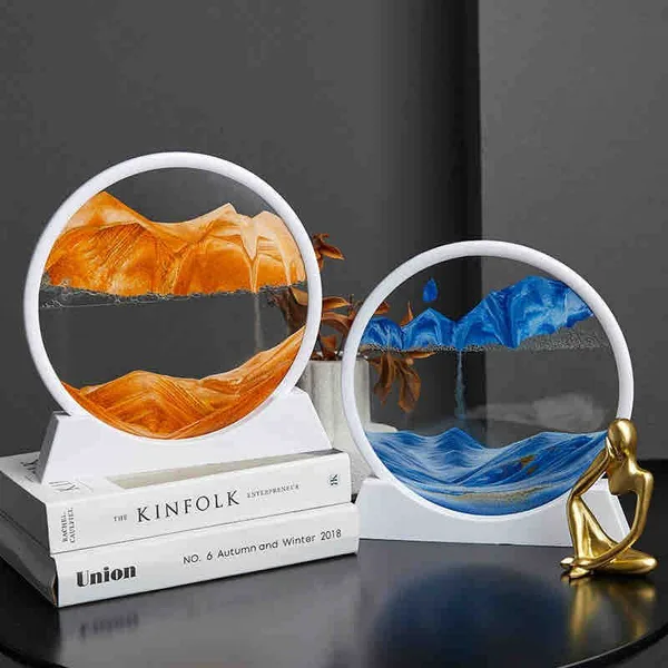 Okrugla pješčana slika u staklu, pokretni pijesak — 17 cm, Plava (slika 3)