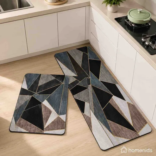 Set prostirki za kuhinju 40×60 i 40×120 cm — crno-sivi geometrijski