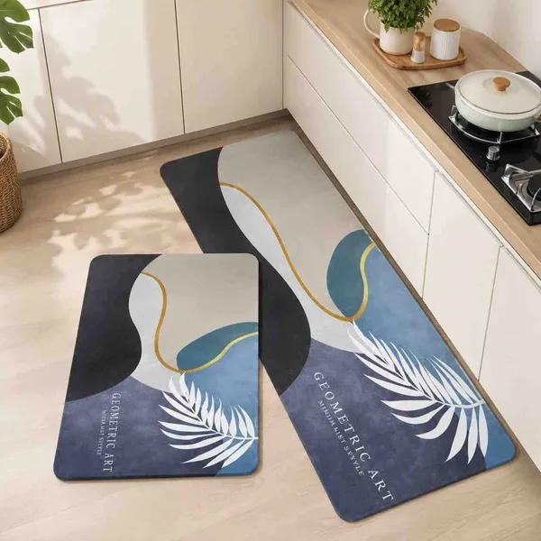 Set prostirki za kuhinju 40×60 i 40×120 cm — plavi s bijelim listom