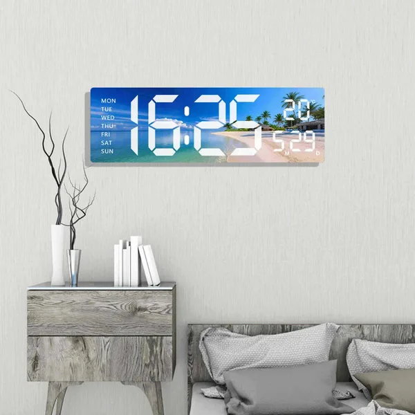 Digitalni LED zidni sat sa slikom, datumom i temperaturom — tropska plaža