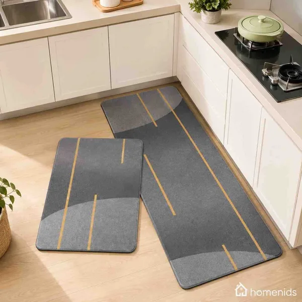 Set prostirki za kuhinju 40×60 i 40×120 cm — tamnosiva sa zlatnim prugama