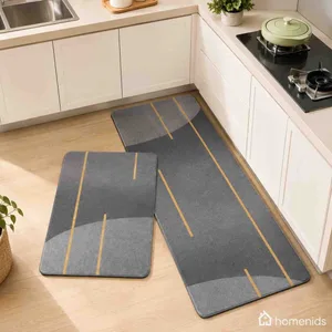 Set prostirki za kuhinju 40×60 i 40×120 cm — tamnosiva sa zlatnim prugama