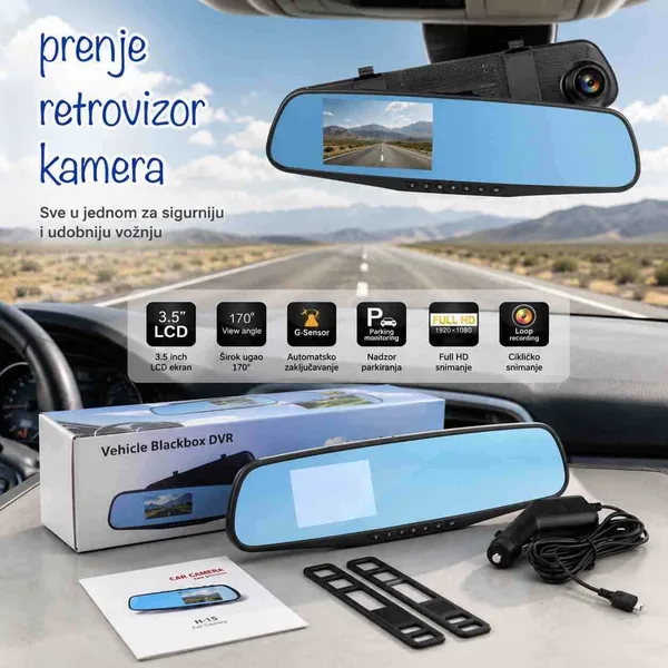 Retrovizor s kamerom za snimanje vožnje, ekran 3,5", Full HD