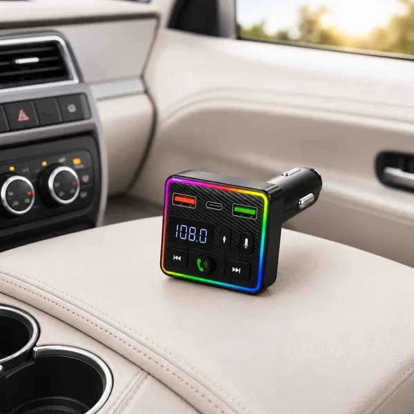 FM transmiter za auto s Bluetoothom i LED okvirom, M34, priključci gore