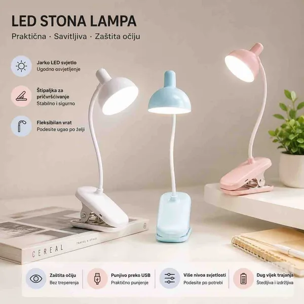 Punjiva LED stona lampa sa štipaljkom i savitljivim vratom