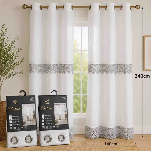 Bijela zavjesa od voala 140×240 cm — čipkaste trake