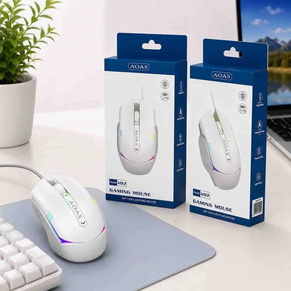 Žičani gejmerski miš s RGB svjetlom AOAS V03, bijeli