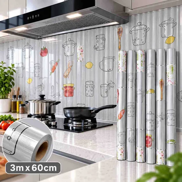 Samoljepljiva folija za kuhinju otporna na masnoću, 60 cm × 3 m — siva s kuhinjskim motivima