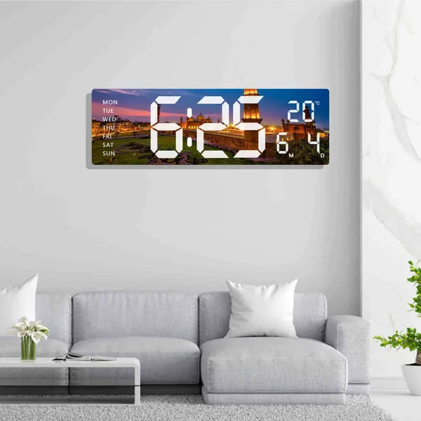 Digitalni LED zidni sat sa slikom, datumom i temperaturom — džamija u sumrak