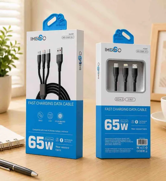 Pleteni kabl 3 u 1 IMSSO IMS-C068 (USB-C, Lightning, micro USB), 65 W