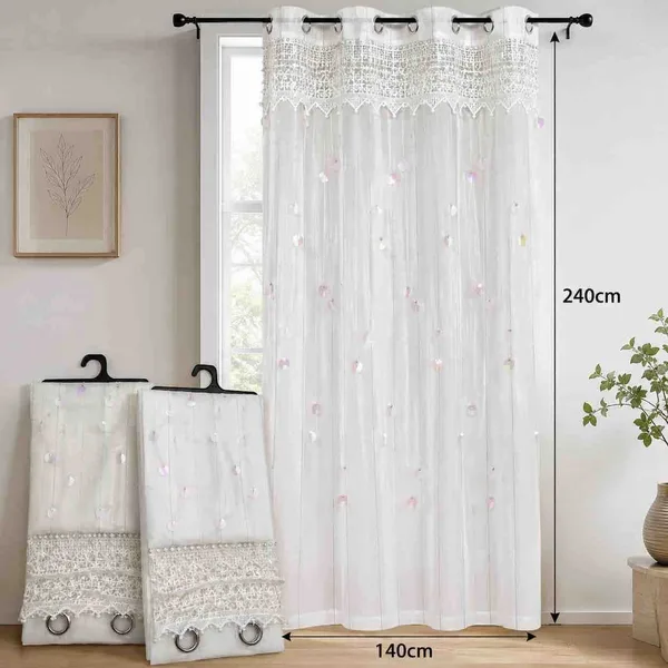 Bijela zavjesa od voala 140×240 cm — čipka i šljokice