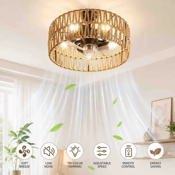 Plafonska lampa s ventilatorom i pletenim abažurom, s daljinskim