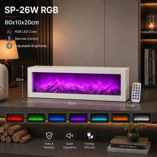 LED dekorativni kamin s efektom plamena — 60 cm, RGB s daljinskim — Bijela