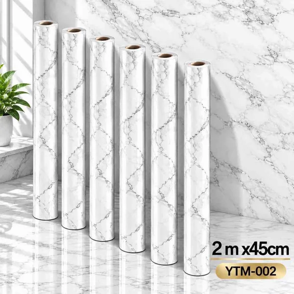 Samoljepljiva tapeta širine 45 cm — bijeli mramor sa sivim žilama YTM-002 — 45 cm × 2 m
