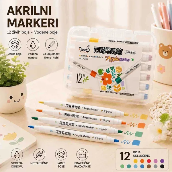 Akrilni markeri s dva vrha, 6 komada, 12 boja