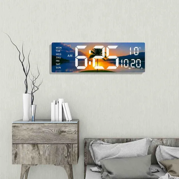 Digitalni LED zidni sat sa slikom, datumom i temperaturom — zalazak sunca