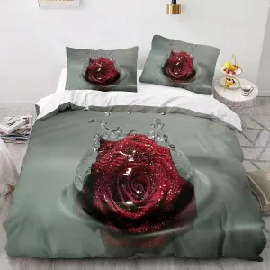 Bračna posteljina 3D — bordo ruža na vodi