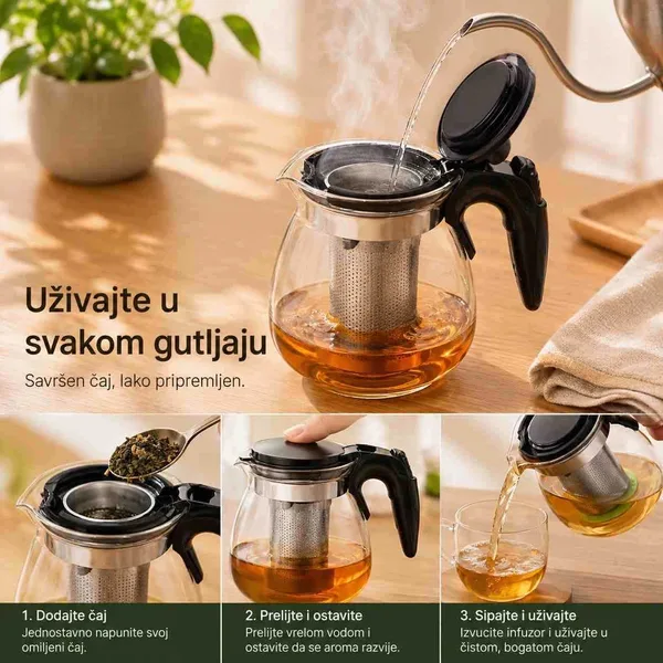 Stakleni čajnik s cjediljkom, 1100 ml