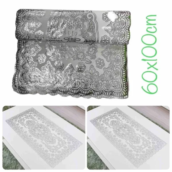 Srebrni PVC podmetači s čipkastim uzorkom, set od 12 — srebrni pravougaoni — 60×100 cm