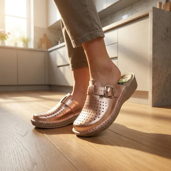 SOFT — roze-zlatne perforirane klompe s kopčom – lifestyle