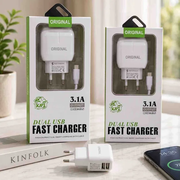 Punjač s 2 USB izlaza 3,1 A i micro USB kablom — ravni dizajn