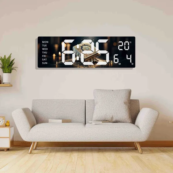 Digitalni LED zidni sat sa slikom, datumom i temperaturom — Kur'an i svijeće