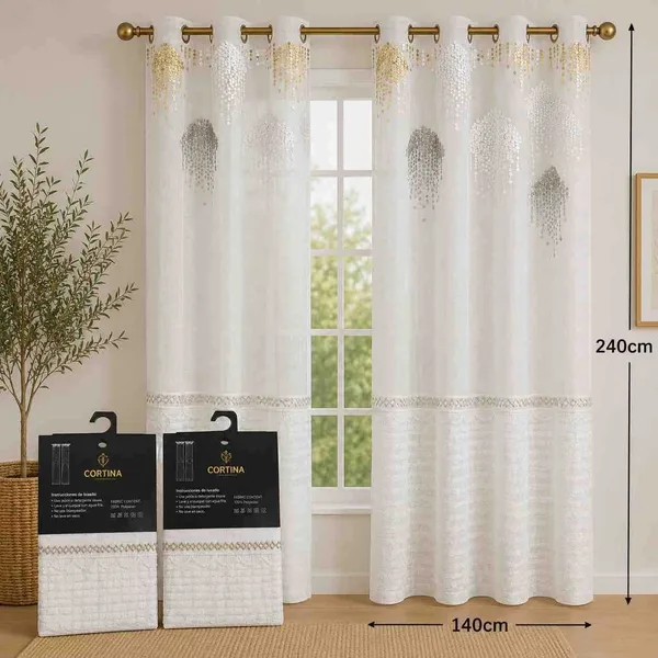 Bijela zavjesa od voala 140×240 cm — srebrni vez pri vrhu