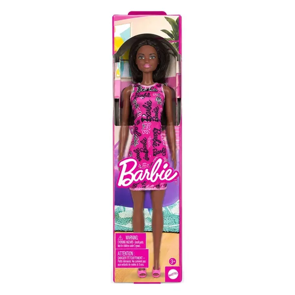 Barbie lutka s dugom crnom kosom u ružičastoj haljini, u pakovanju