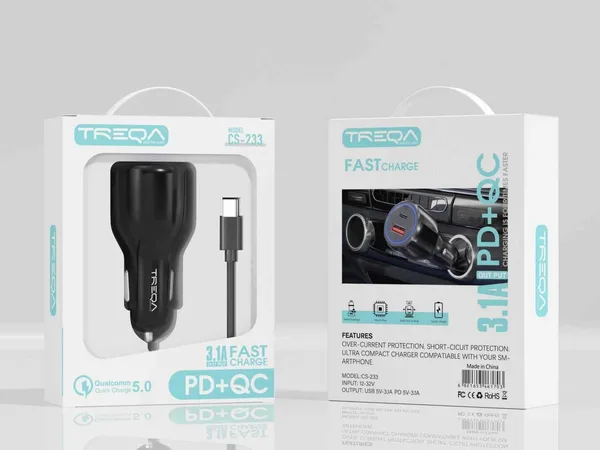 Auto punjač TREQA CS-234 s 2 USB izlaza i kablom za iOS (slika 2)