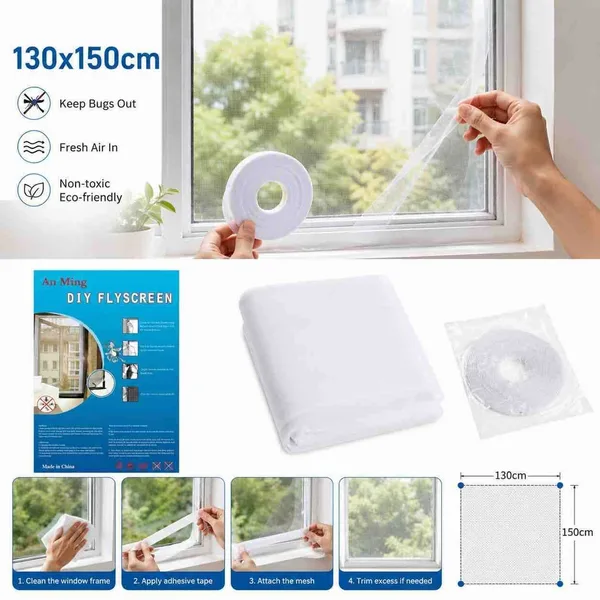 Mreža za komarce za prozor sa samoljepljivom trakom — 130×150 cm